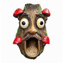 Mangiatoia per Uccelli da Recinzione con Volto di Albero, Arte da Giardino per Esterni, Stile Naturale in Legno Resistente