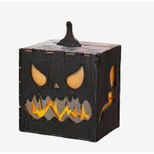 Drevený tekvicový svietnik na Halloween, strašidelná stolová dekorácia do interiéru