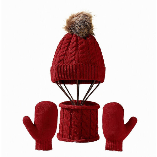 Set da 3 pezzi per bambini con cappello, sciarpa e guanti, in tessuto spesso e caldo, cappello senza tesa con decorazione a pallina, sciarpa lunga e
