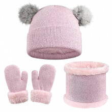 Winterset voor kinderen van gebreide muts, wanten en nekwarmer met fleecevoering en pompon voor meisjes en jongens van 3 tot 6 jaar