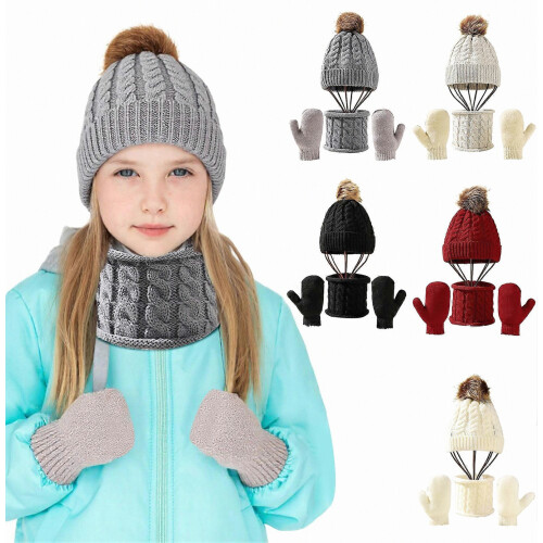 Set da 3 pezzi per bambini con cappello, sciarpa e guanti, in tessuto spesso e caldo, cappello senza tesa con decorazione a pallina, sciarpa lunga e 1