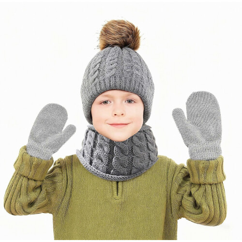 Set da 3 pezzi per bambini con cappello, sciarpa e guanti, in tessuto spesso e caldo, cappello senza tesa con decorazione a pallina, sciarpa lunga e 2
