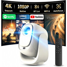 Proyector mini 4K con aplicaciones integradas, 20000 lúmenes, corrección trapezoidal automática, WiFi 6, giro de 180, portátil