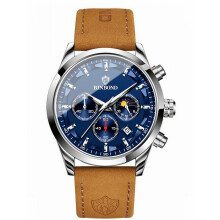 Heren quartz polshorloge 42 mm met blauw wijzerblad, analoog multifunctioneel horloge met datumweergave, gespleten leren band en 3 ATM waterdichthei
