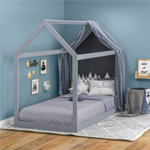 Single Bed Frame, House Scandinavian Style Wooden Bed Frame for 90W x 190Dcm Mattress, Pine Wood Bed Base, Grey