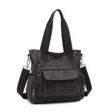 KONO Sac à main en toile pour femme, Grand, Noir, Robuste pour le travail et les voyages