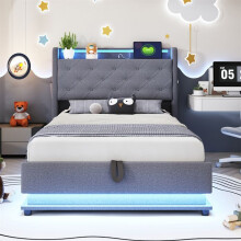 Opbergbed voor kinderen 90x200 cm met hydraulische kist, LED-verlichting en USB-aansluiting - Grijs