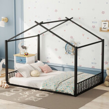 Bett 140 x 200 cm, Eisenrahmen, Kinderbett, Sicherheitsbarriere, Metall, schwarz, ohne Matratze