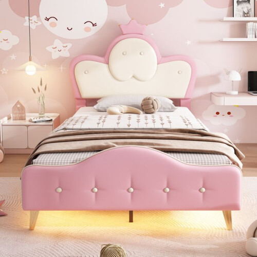 Letto per bambini imbottito 90x200 cm con testata e striscia LED — PU rosa/bianco