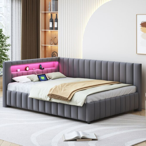 Sofá-cama capitonê em veludo cinza 140 x 200 cm com LED e porta USB, estrado de ripas