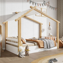 Lit - Lit enfant - 90 x 200 cm - Blanc & naturel - Design maison en bois