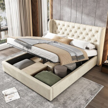 Cama tapizada - Forma de oreja - 140x200 cm - Terciopelo beige - Somier de lamas