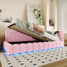Cama de descanso / sofá-cama 90x200 cm rosa – somier de lamas, LED integrada, cofre con elevación hidráulica