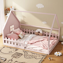 Bett, 140 x 200 cm, Kinderbett, Sicherheitsbarriere, Kiefernholz, rosa, ohne Matratze