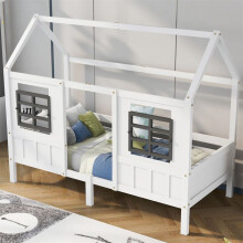 Lit cabane enfant 90 x 200 cm wit in grenen en MDF, 2 ramen, inclusief lattenbodem (capaciteit 100 kg)