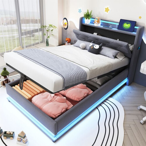Cama infantil estofada 90x200 cm com baú hidráulico, iluminação LED e tomada USB - Cinza 1