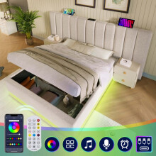 Lit rembourré 160x200 avec coffre, LED et port USB-C, sommier à lattes, lin beige — sans matelas