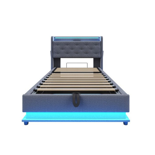 Cama infantil estofada 90x200 cm com baú hidráulico, iluminação LED e tomada USB - Cinza 2