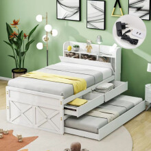 Cama simple para niño 90x190 cm en pino blanco con cama nido, 2 cajones y mesita de noche con USB.