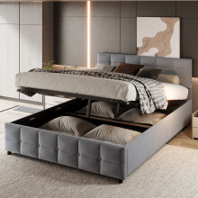 Cama con tapizado acolchado 180 x 200 cm de terciopelo gris, somier de lamas, mecanismo hidráulico - sin colchón