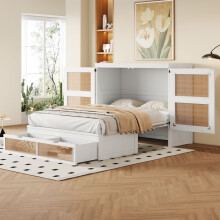 Verstelbaar bed met een afmeting van 140x200 cm in het wit, met lattenbodem en lades — rotan ontwerp, ruimtebesparend