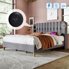 Cama doble tapizada 180x200 cm en lino gris con somier de lamas y puertos USB/Type-C, sin colchón.