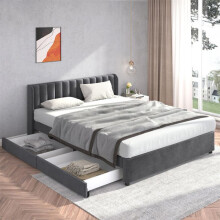 Cama tapizada 180x200 cm de terciopelo gris con somier de lamas, cabecero y 2 cajones - sin colchón