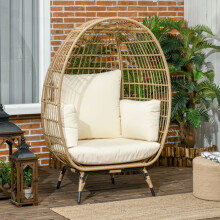 Sillón - Sillón ovalado de mimbre - Estructura de acero lacado en polvo - Cojín de 12 cm de algodón - Interior/Exterior kaki