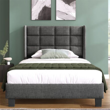 Cama individual 90x200 gris en lino con cabecera acolchada y somier de lamas – marco de madera, sin colchón