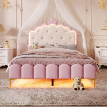 Cama princesa capitonada 140x200 con somier de lamas y LED rosa – sin colchón