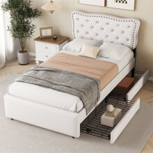 Cama tapizada 90x200 cm beige claro, 1 plaza, cabecera acolchada, 2 cajones, somier de lamas.