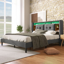 Cama doble tapizada 140x200 cm con cabecero de almacenamiento, USB y LED, somier de lamas gris
