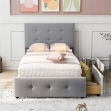 Cama tapizada 90 x 200 cm en terciopelo gris con somier de lamas y 2 cajones — sin colchón