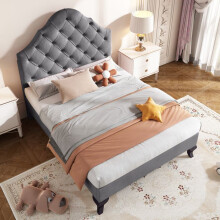 Cama tapizada de terciopelo 90x200 cm con somier de lamas y cabecero ajustable — Gris, sin colchón