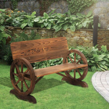 Banc de jardin - 2 places - Bois massif sapin - Accoudoirs roue de chariot - Assise large & dossier haut
