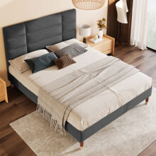 Cama tapizada 140x200 cm lino gris oscuro con somier de lamas y cabecero - 2 plazas, sin colchón