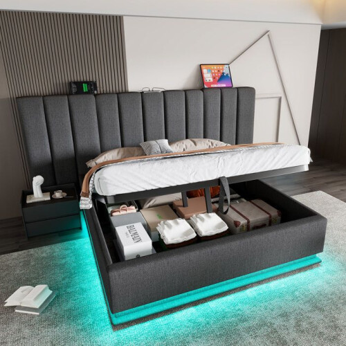 Cama - 160x200cm - Cofre hidráulico - LED integrada - Puertos USB-C/USB