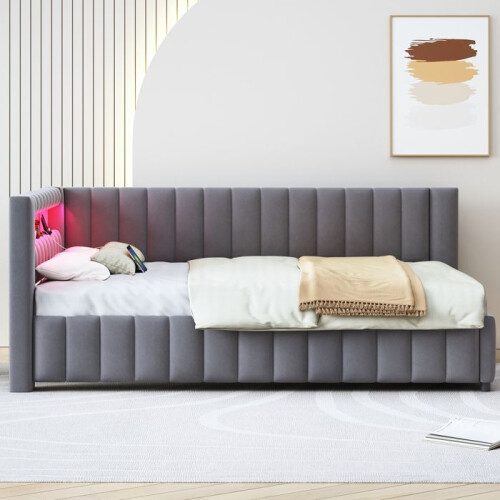 Sofá-cama capitonê em veludo cinza 140 x 200 cm com LED e porta USB, estrado de ripas 1