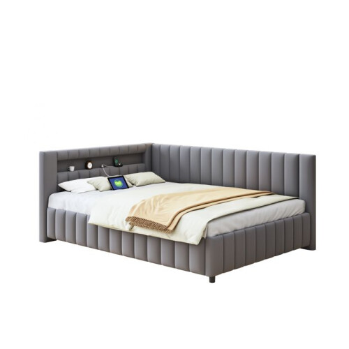 Sofá-cama capitonê em veludo cinza 140 x 200 cm com LED e porta USB, estrado de ripas 2
