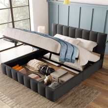 Cama con tapizado acolchado 140x200 cm en lino gris con somier de lamas metálicas, cabecero ajustable, sin colchón.