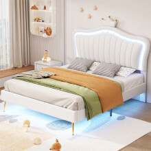 Cama infantil acolchada 140 x 200 cm blanca, marco de doble corona con LED, somier de lamas