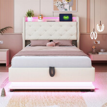 Beige 90x200 opklapbed met veranderende LED-lampen, USB-aansluiting en opklapbare hoofdbord.