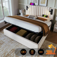 Cama tapizada 140x200 cm con cabecero remachado, lámpara de lectura y carga USB, somier de lamas, beige