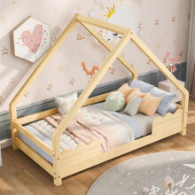 Lit cabane enfant 90x200 cm en pin massif naturel avec barrières ondulées et sommier