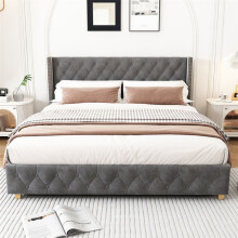 Cama tapizada - 160x200 cm - Terciopelo gris - Somier de lamas incluido - Patas de madera