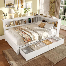 Banquette-lit 140x200 cm blanc avec 2 tiroirs, prise et 2 ports USB – canapé-lit 2 places
