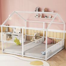 Metallbett, Kinderbett, 90x200cm, mit Sicherheitsbarriere, Leiter, Hausmuster, Doppelbett, Eisen, weiß, ohne Matratze