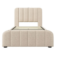 Cama tapizada 90 x 200 cm beige en lino — 4 cajones, cabecero con puerto USB/Type-C, somier de lamas, sin colchón.