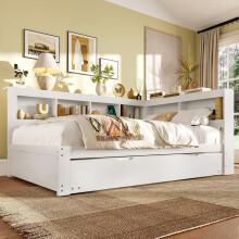 Banquette-lit - 140 x 200 cm - Gigogne convertible - Blanc - Tiroirs & ports USB