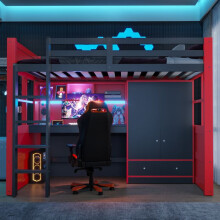 Lit mezzanine - CIPACHO - Lit mezzanine - 90 x 200 cm - Escritorio y almacenamiento integrados - Negro y rojo